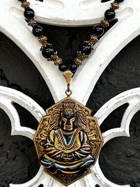 Hand Crafted Gold and Blue Buddha Czech Glass Antique Brass Necklace w/ Earrings